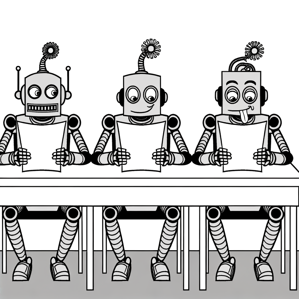 simple line drawing, 3 robots are doing an exam and they are all cheating looking at each others papers